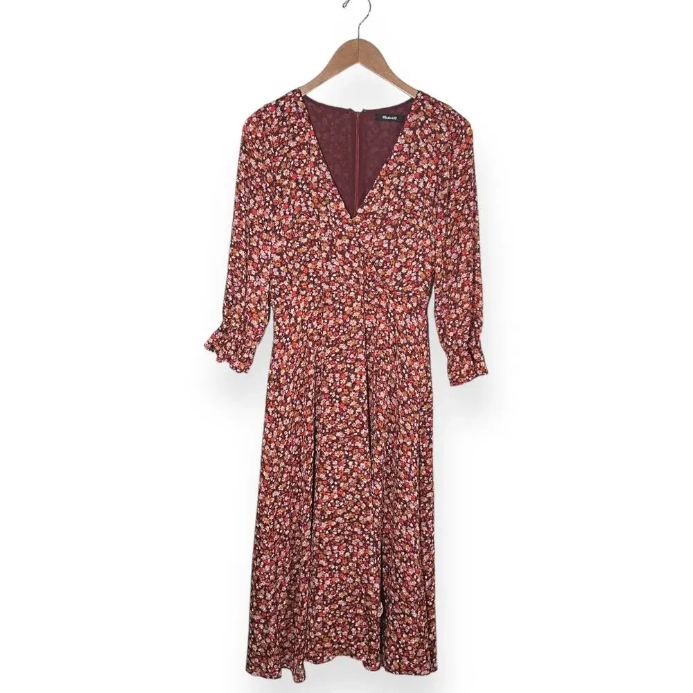 MADEWELL Clipdot Faux Wrap Midi Dress Floral Spring Prairie Cottagecore 6 Red